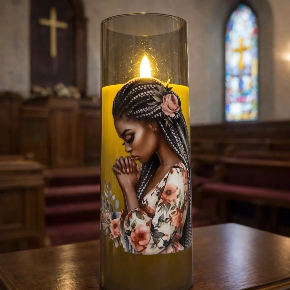 Yellow Decorative Prayer Flameless Candle with Floral Art